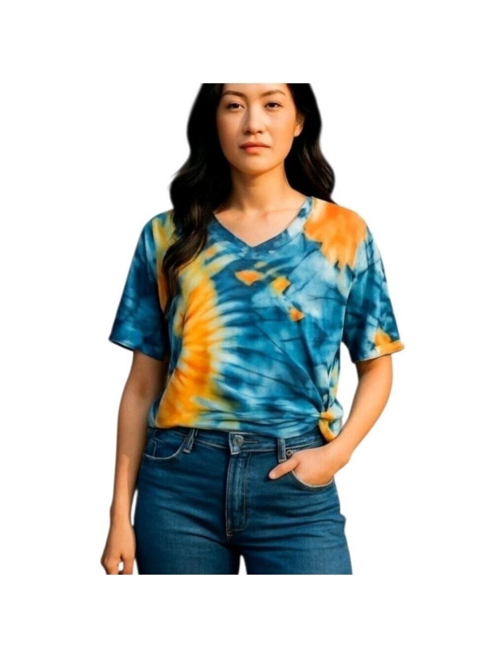 TIE Dye Women's Blue Orange Yellow V-Neck Short Sleeve T-Shirt Top Size Medium